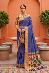 Capricious Blue Paithani Silk Saree With Nebula Blouse Piece