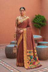 Wonderful Brown Paithani Silk Saree With Jubilant Blouse Piece
