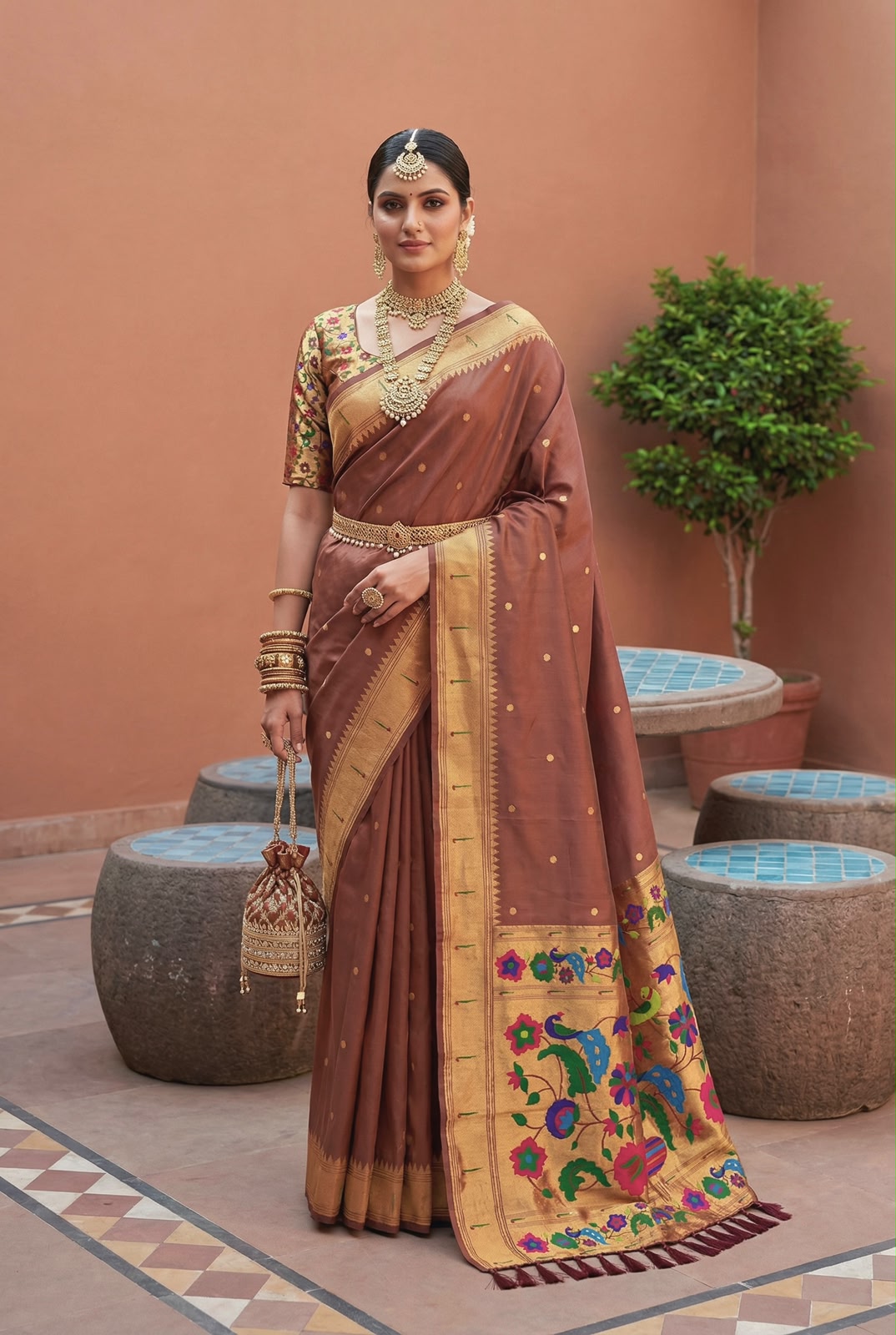 Wonderful Brown Paithani Silk Saree With Jubilant Blouse Piece