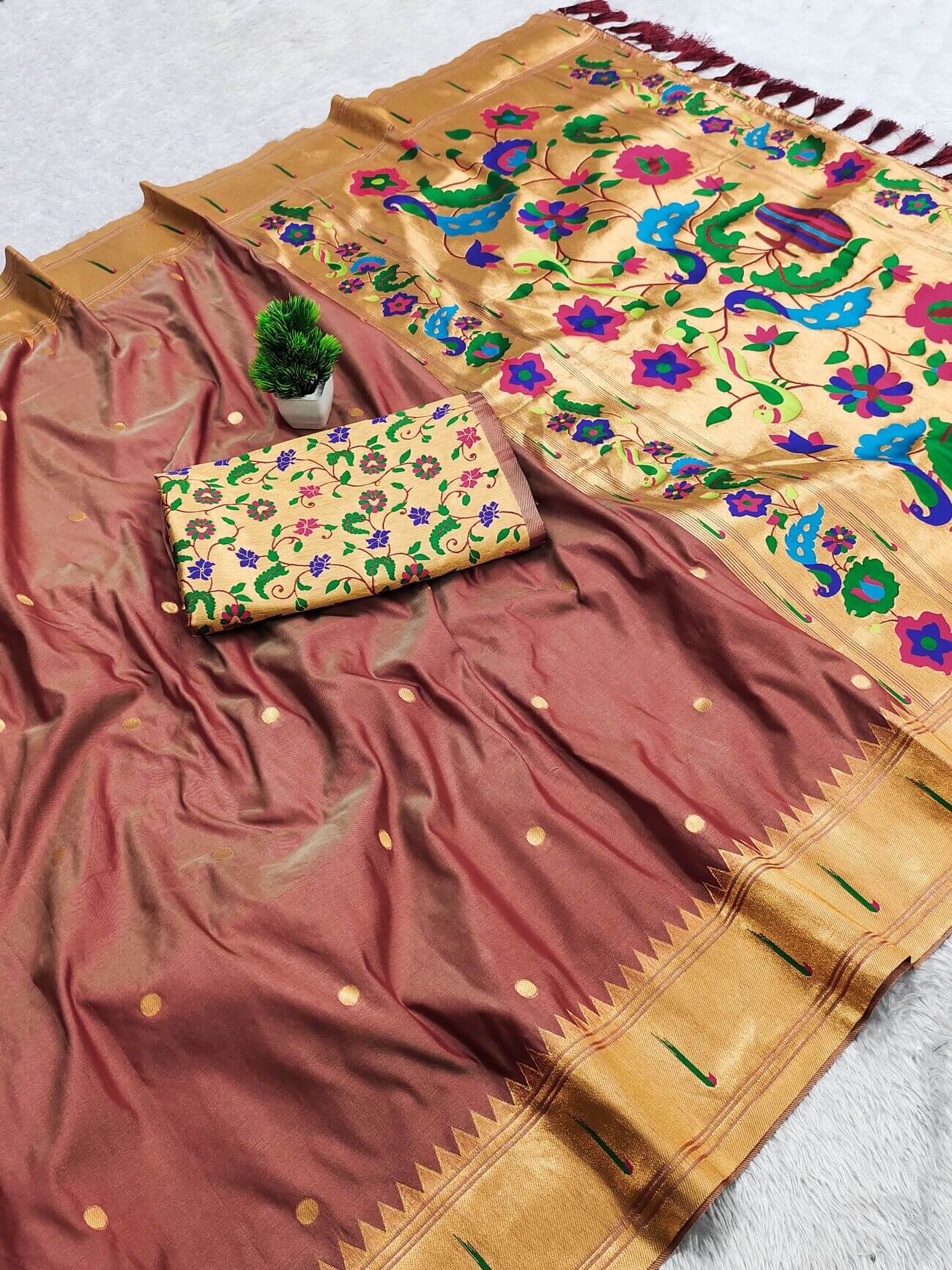 Wonderful Brown Paithani Silk Saree With Jubilant Blouse Piece
