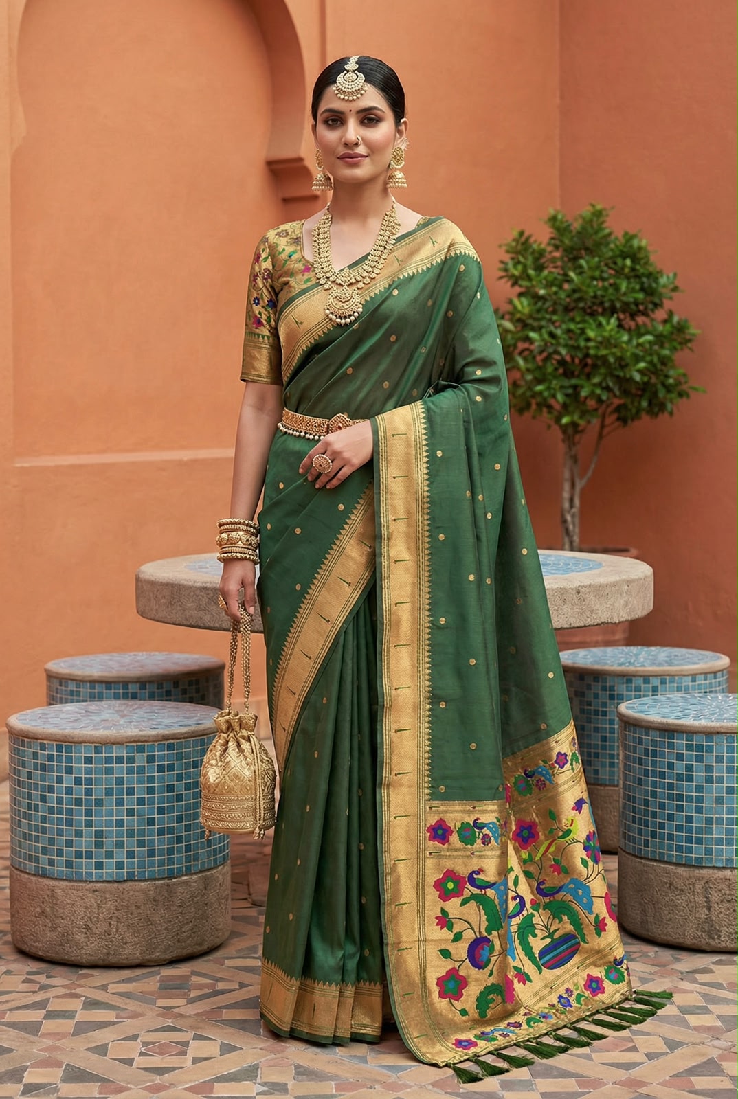 Fairytale Dark Green Paithani Silk Saree With Quixotic Blouse Piece