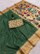 Fairytale Dark Green Paithani Silk Saree With Quixotic Blouse Piece