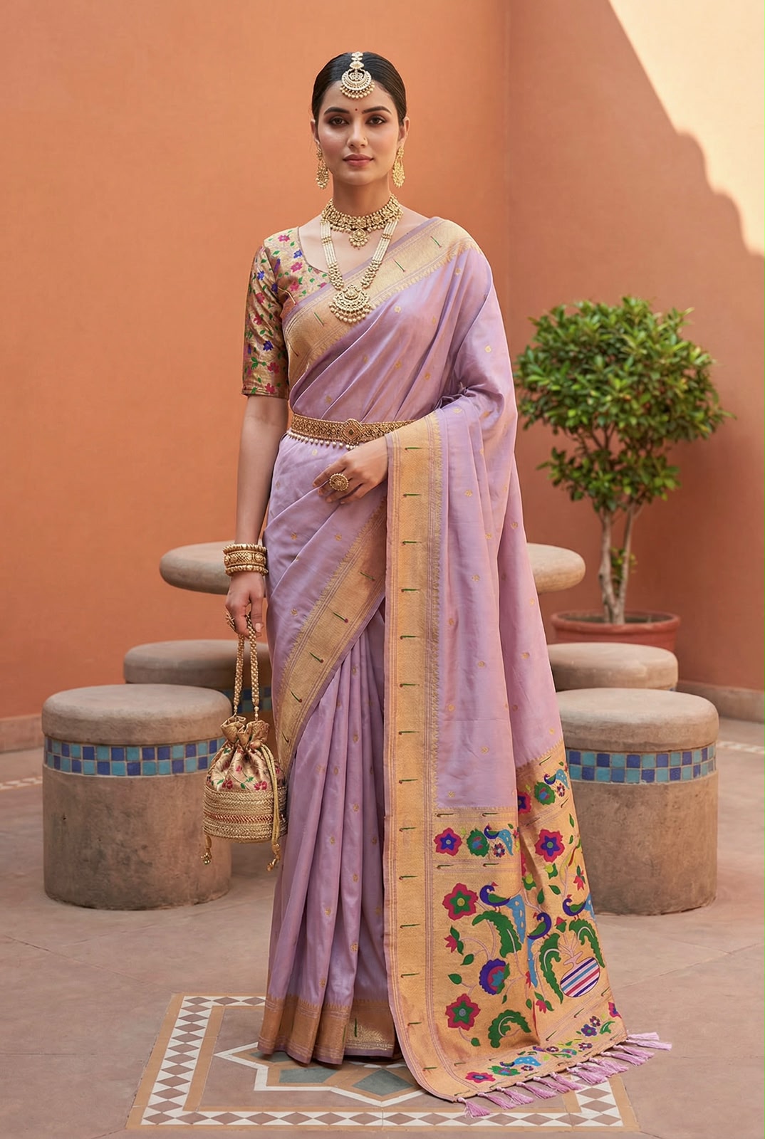 Engrossing Lavender Paithani Silk Saree With Sonorous Blouse Piece