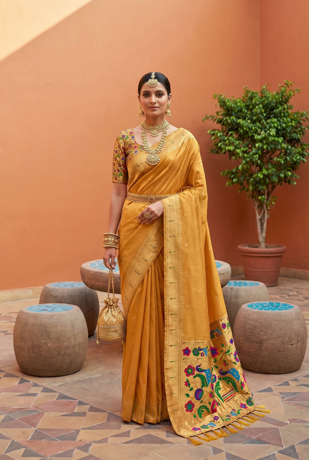 Elegant Mustard Paithani Silk Saree With Forbearance Blouse Piece