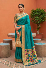 Proficient Sea Green Paithani Silk Saree With Amiable Blouse Piece