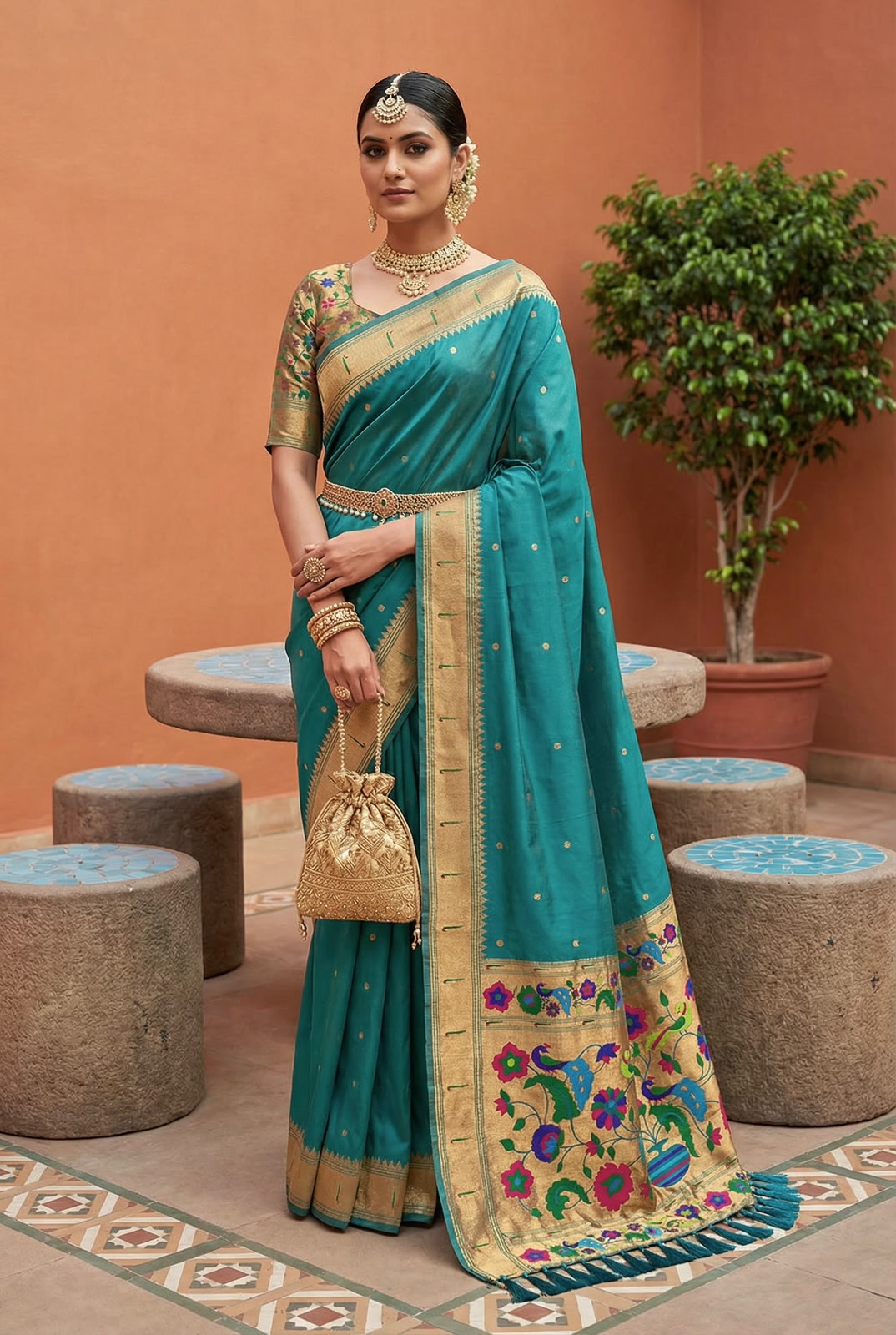 Proficient Sea Green Paithani Silk Saree With Amiable Blouse Piece