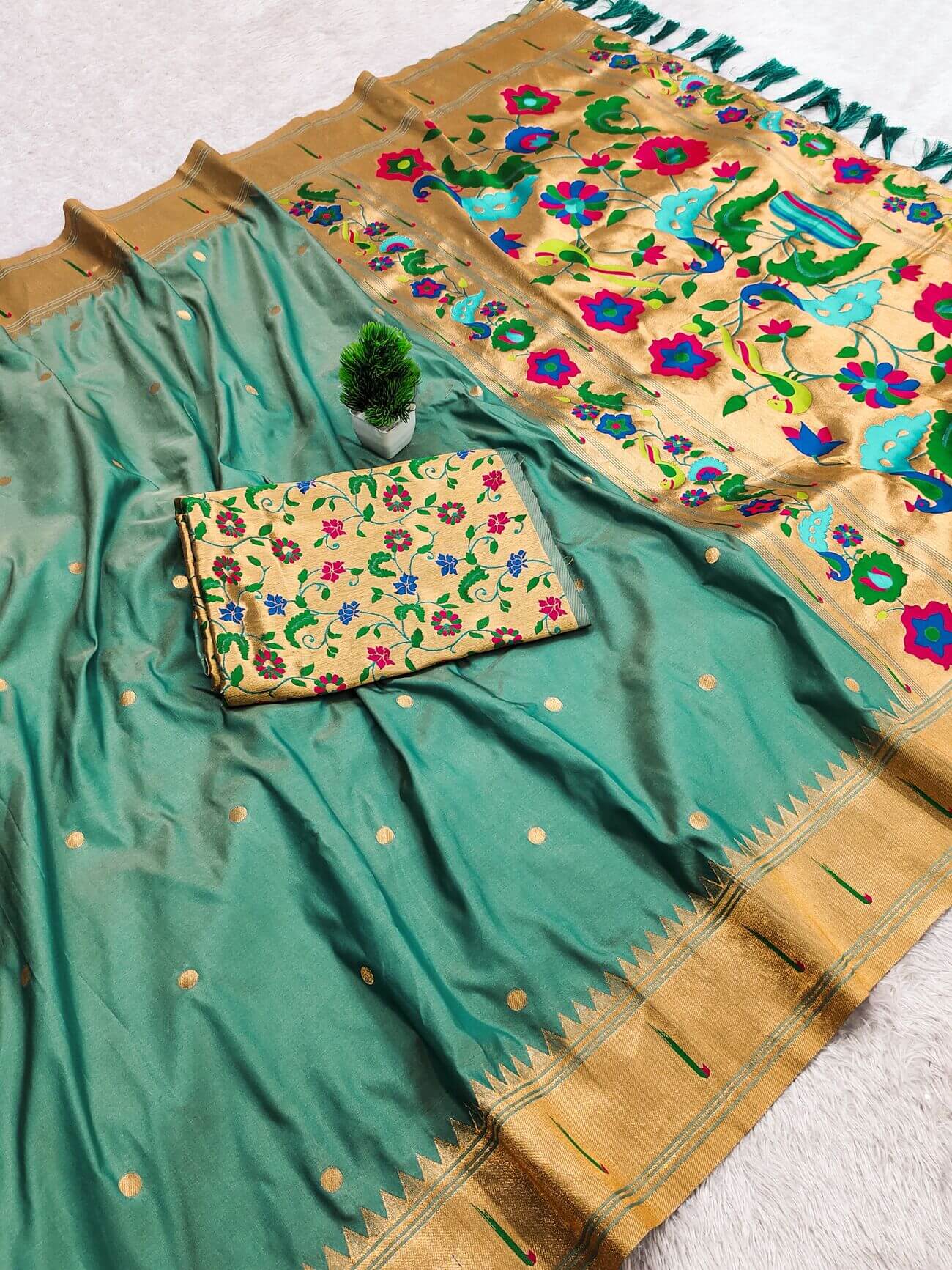 Proficient Sea Green Paithani Silk Saree With Amiable Blouse Piece