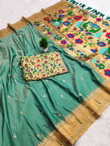 Proficient Sea Green Paithani Silk Saree With Amiable Blouse Piece