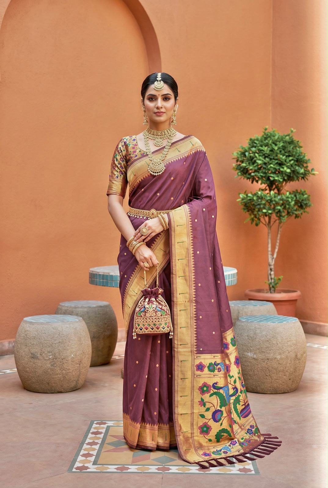 Marvellous Wine Paithani Silk Saree With Elaborate Blouse Piece