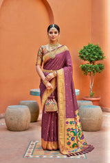 Marvellous Wine Paithani Silk Saree With Elaborate Blouse Piece