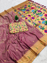 Marvellous Wine Paithani Silk Saree With Elaborate Blouse Piece