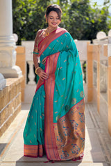 Eloquence Sea Green Paithani Silk Saree With Fugacious Blouse Piece