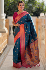 Panoply Teal Blue Paithani Silk Saree With Sumptuous Blouse Piece
