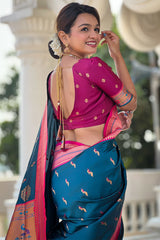 Panoply Teal Blue Paithani Silk Saree With Sumptuous Blouse Piece