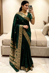 Evanescent Dark Green Pure Zari Weaving Banarasi Silk Saree With Flaunt Blouse Piece