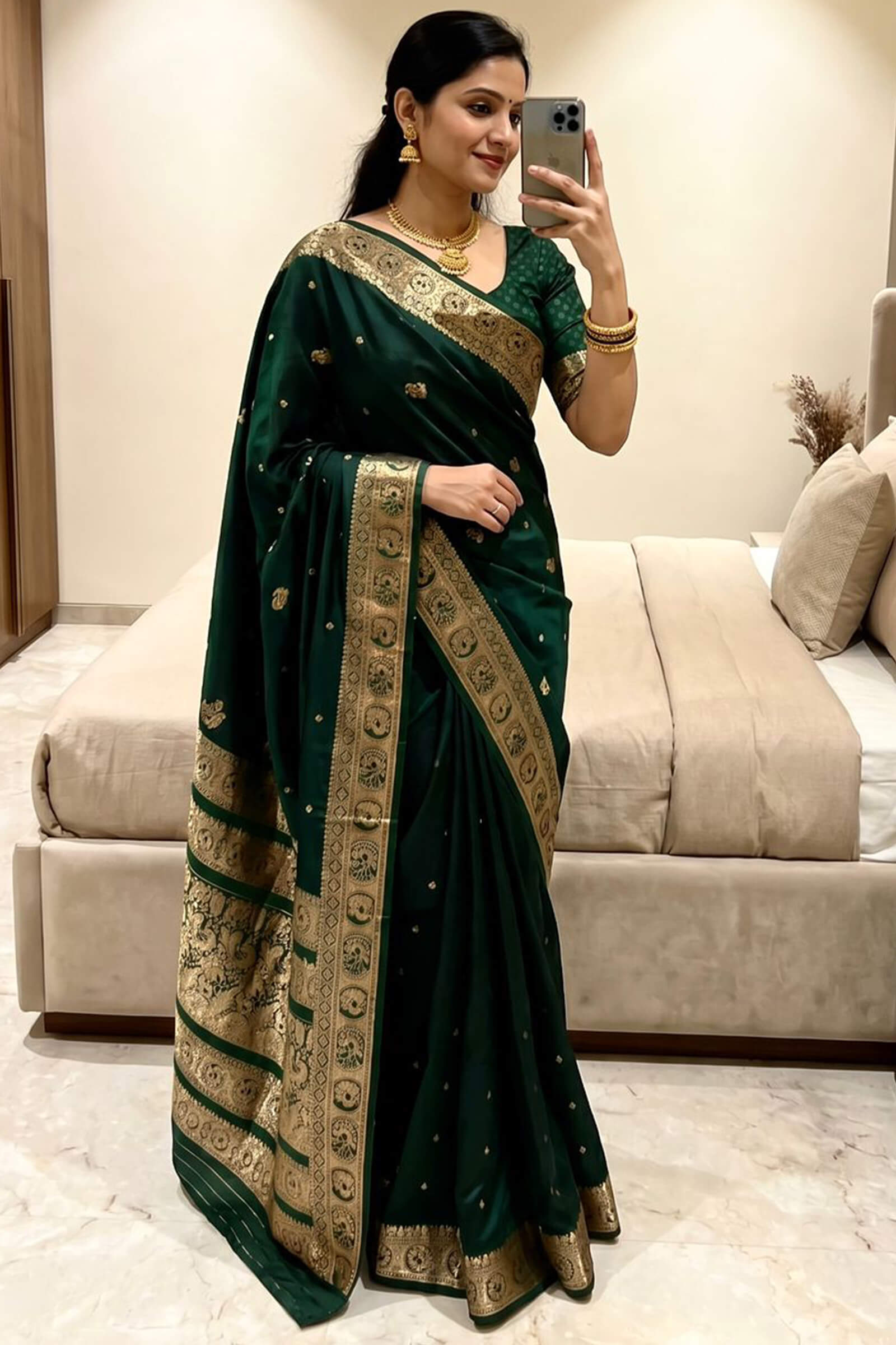 Evanescent Dark Green Pure Zari Weaving Banarasi Silk Saree With Flaunt Blouse Piece