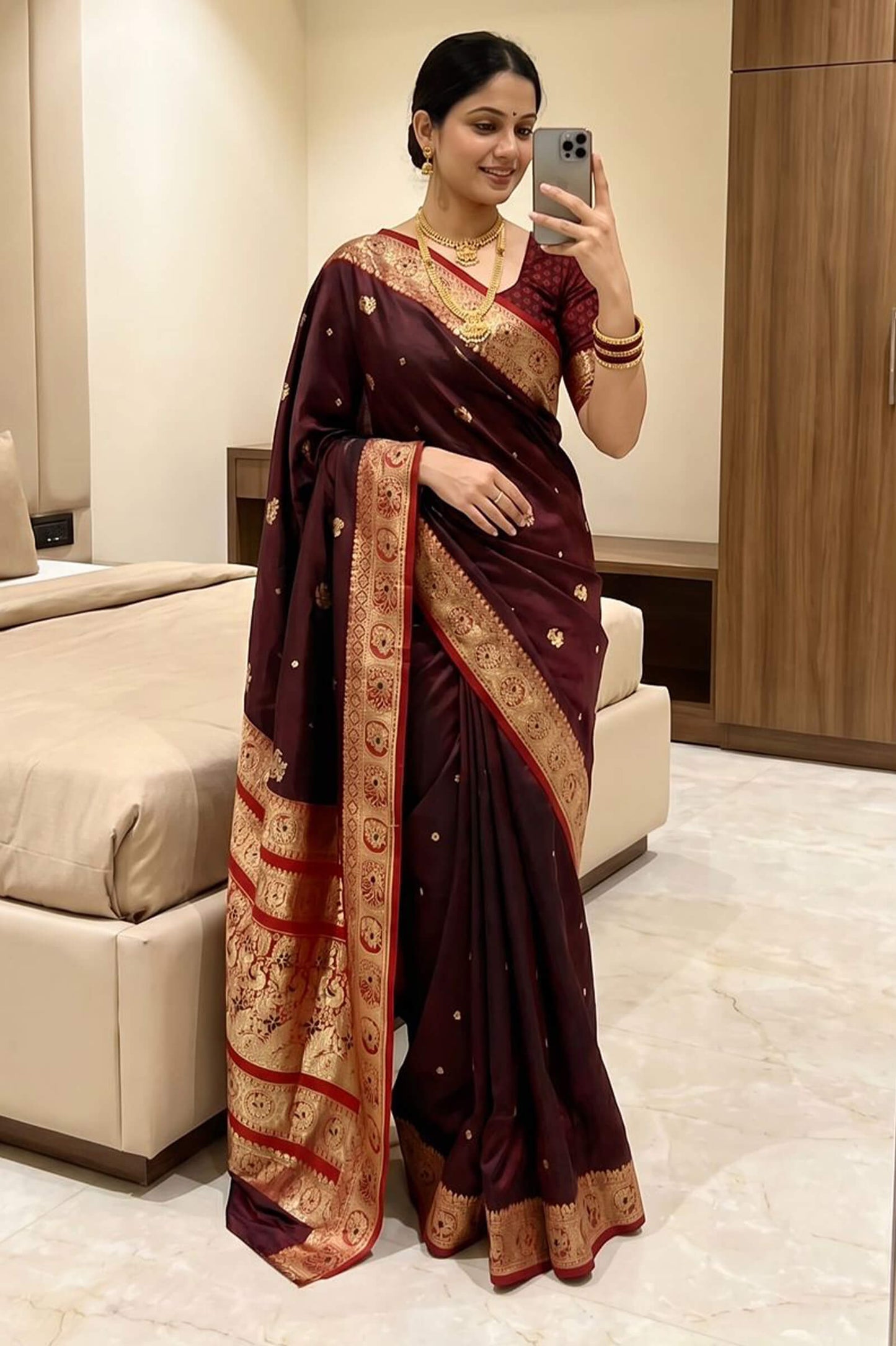 Mesmerising Maroon Pure Zari Weaving Banarasi Silk Saree With Enigmatic Blouse Piece