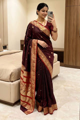 Mesmerising Maroon Pure Zari Weaving Banarasi Silk Saree With Enigmatic Blouse Piece