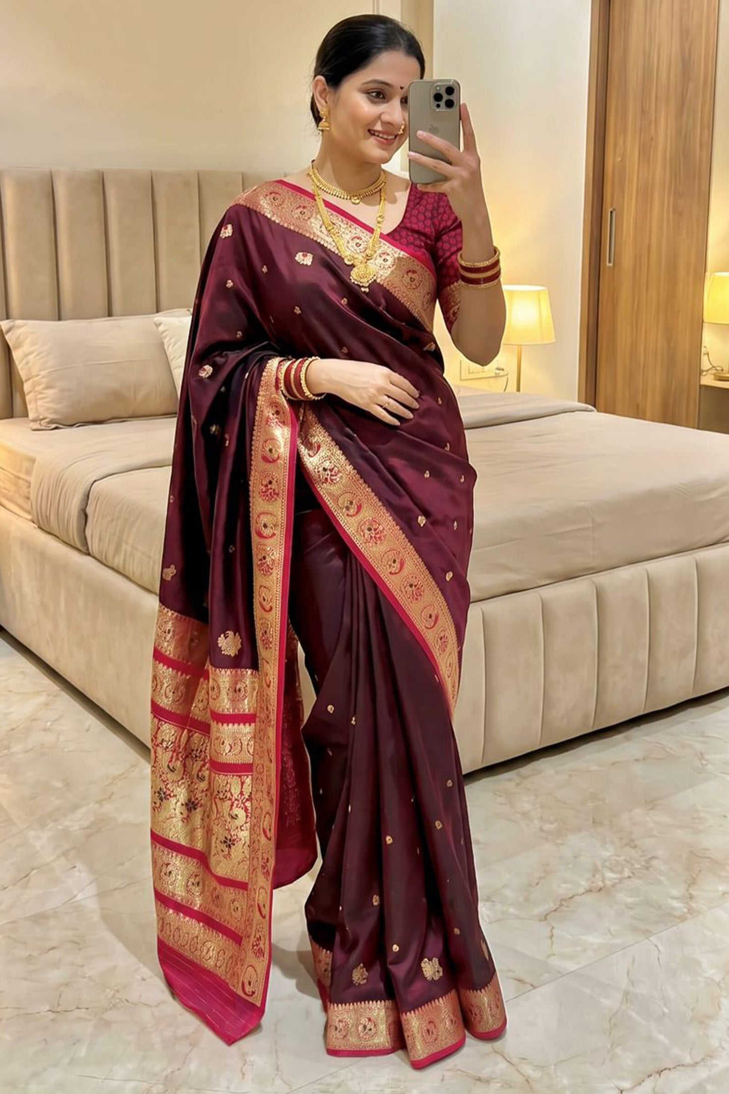 Ratatouille Wine Pure Zari Weaving Banarasi Silk Saree With Snappy Blouse Piece