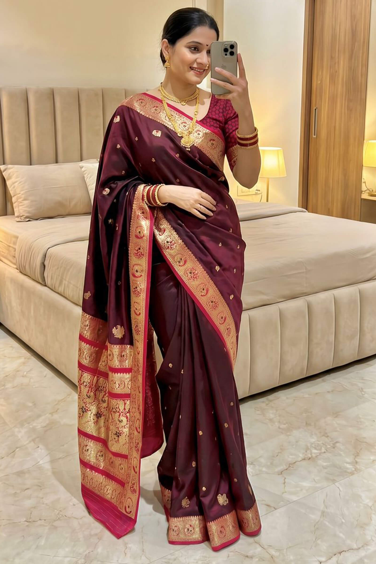 Ratatouille Wine Pure Zari Weaving Banarasi Silk Saree With Snappy Blouse Piece