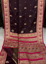 Ratatouille Wine Pure Zari Weaving Banarasi Silk Saree With Snappy Blouse Piece