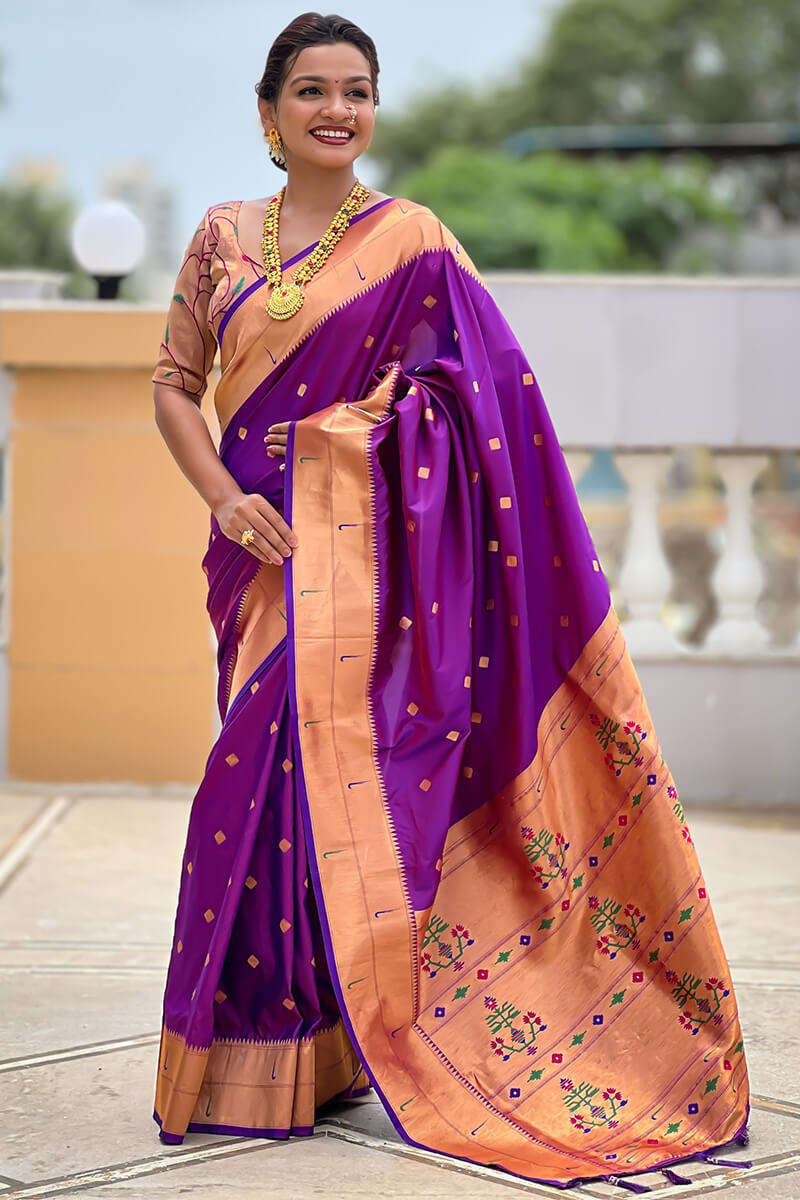 Ailurophile Purple Paithani Silk Saree With Incomparable Blouse Piece