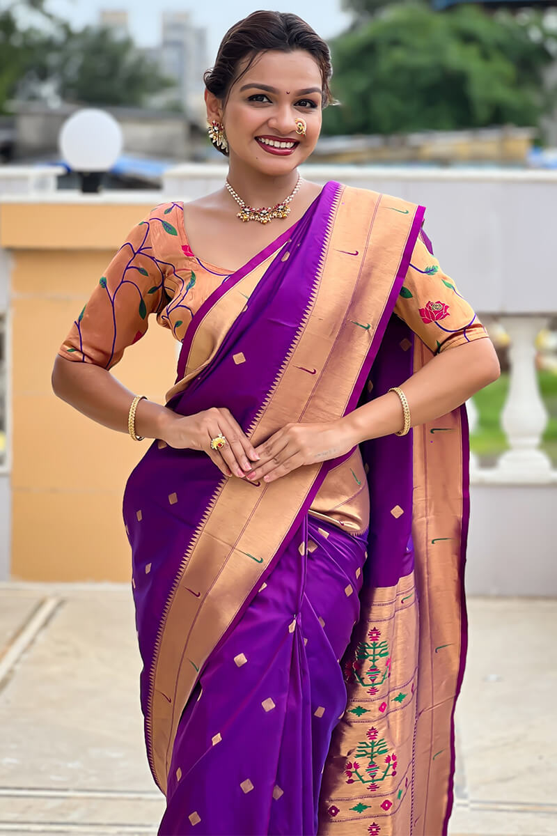 Ailurophile Purple Paithani Silk Saree With Incomparable Blouse Piece