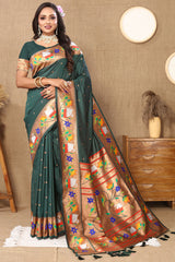 Ravishing Dark Green Paithani Silk Saree With Delightful Blouse Piece