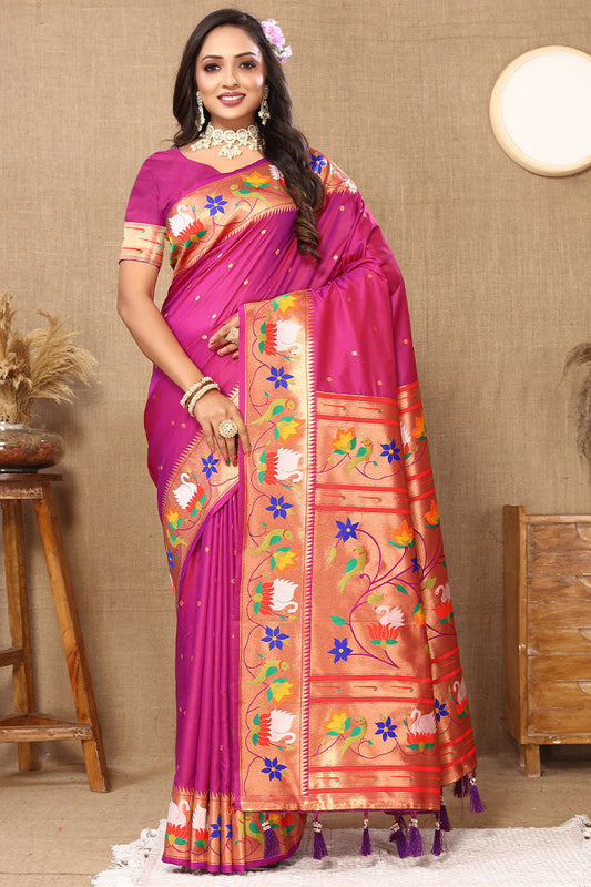 Fairytale Dark Pink Paithani Silk Saree With Beauteous Blouse Piece