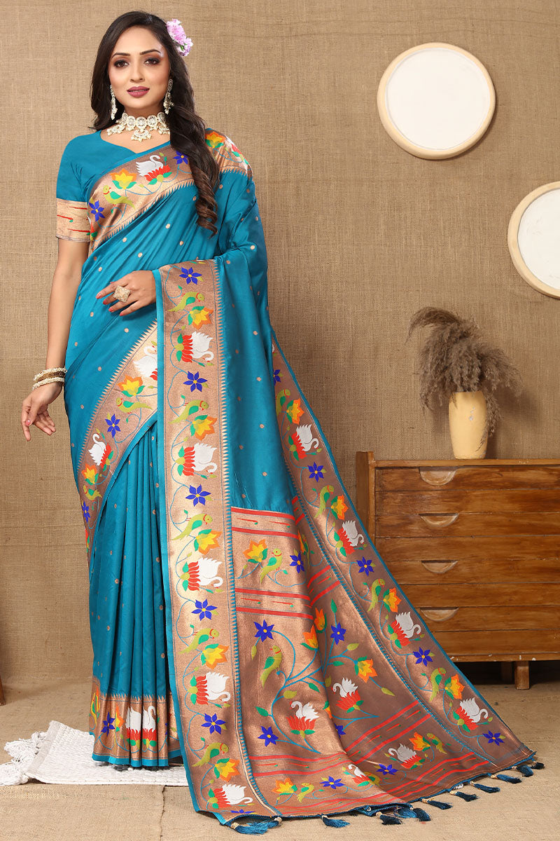 Beleaguer Firozi Paithani Silk Saree With Cynosure Blouse Piece