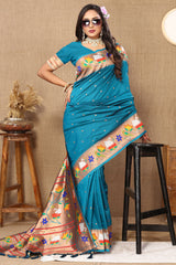Beleaguer Firozi Paithani Silk Saree With Cynosure Blouse Piece