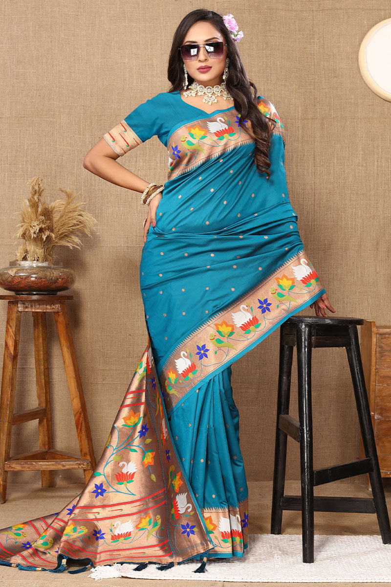 Beleaguer Firozi Paithani Silk Saree With Cynosure Blouse Piece