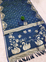Phenomenal Blue Pure Zari Weaving Banarasi Silk Saree With Glowing Blouse Piece
