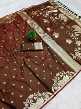 Embellished Brown Pure Zari Weaving Banarasi Silk Saree With Supernal Blouse Piece