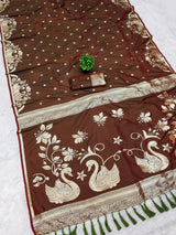 Embellished Brown Pure Zari Weaving Banarasi Silk Saree With Supernal Blouse Piece