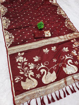 Winsome Maroon Pure Zari Weaving Banarasi Silk Saree With Enthralling Blouse Piece