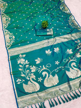 Forbearance Sea Green Pure Zari Weaving Banarasi Silk Saree With Comely Blouse Piece