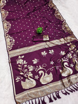 Gleaming Wine Pure Zari Weaving Banarasi Silk Saree With Woebegone Blouse Piece