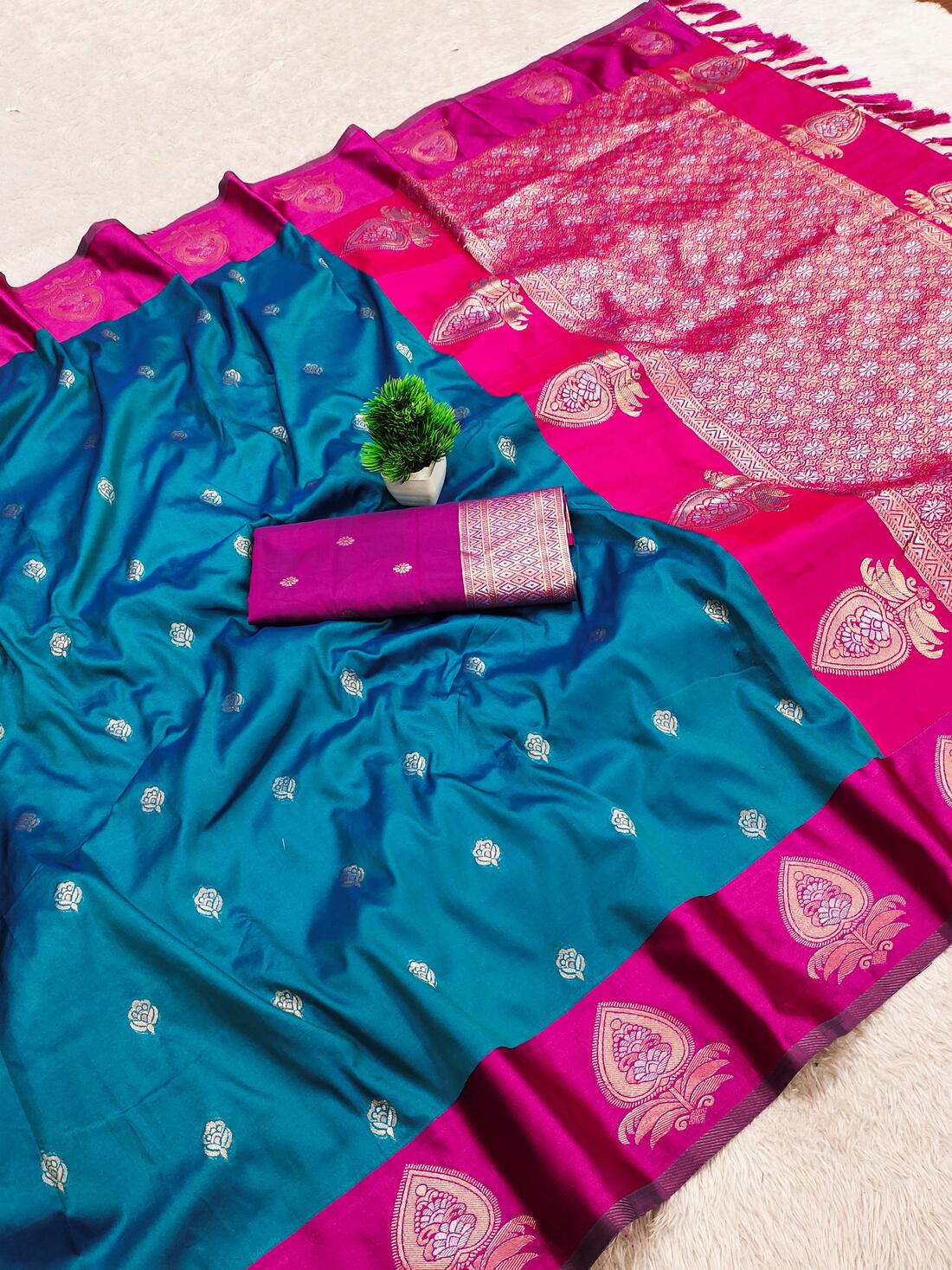 Mellifluous Blue Pure Zari Weaving Banarasi Silk Saree With Glittering Blouse Piece