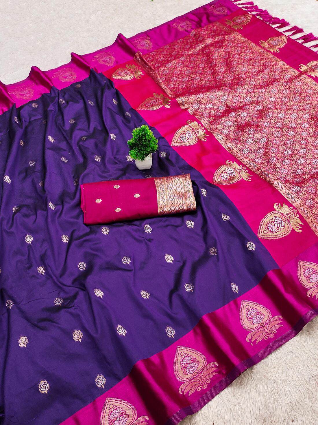 Charming Purple Pure Zari Weaving Banarasi Silk Saree With Moiety Blouse Piece