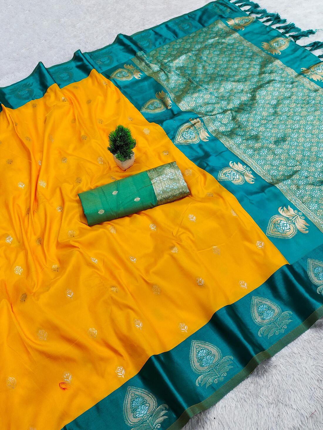 Bewitching Yellow Pure Zari Weaving Banarasi Silk Saree With Fantabulous Blouse Piece