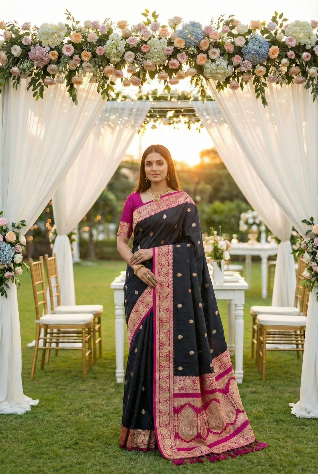 Ethnic Black Pure Zari Weaving Banarasi Silk Saree With Beguiling Blouse Piece