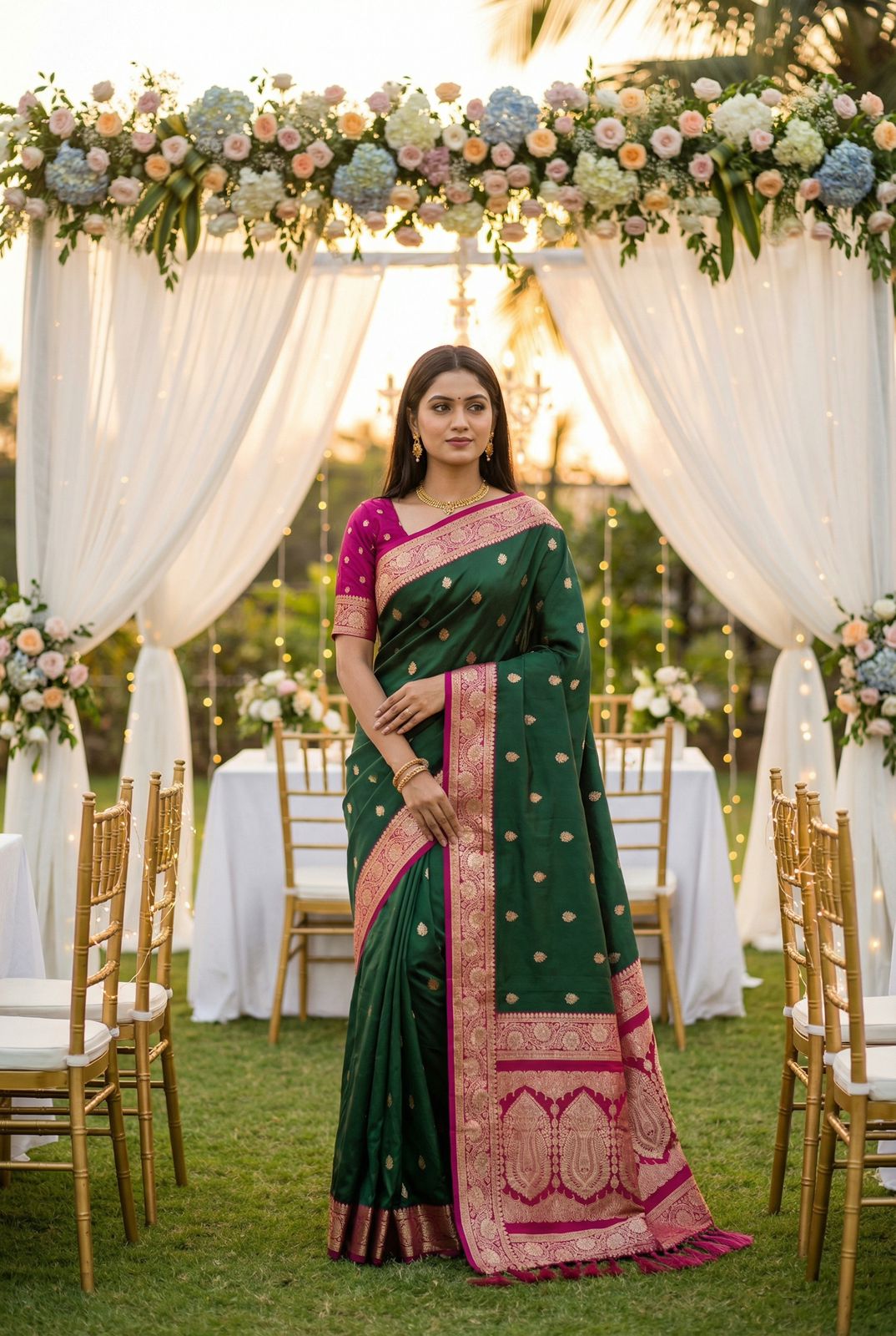 Verdant Dark Green Pure Zari Weaving Banarasi Silk Saree With Allure Blouse Piece