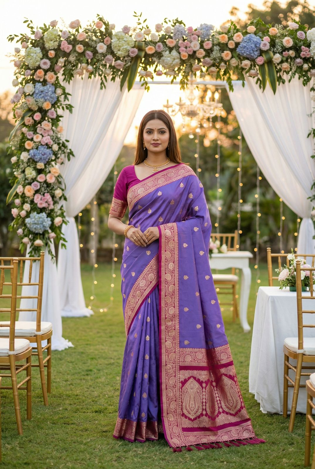 Grandiose Lavender Pure Zari Weaving Banarasi Silk Saree With Beauteous Blouse Piece