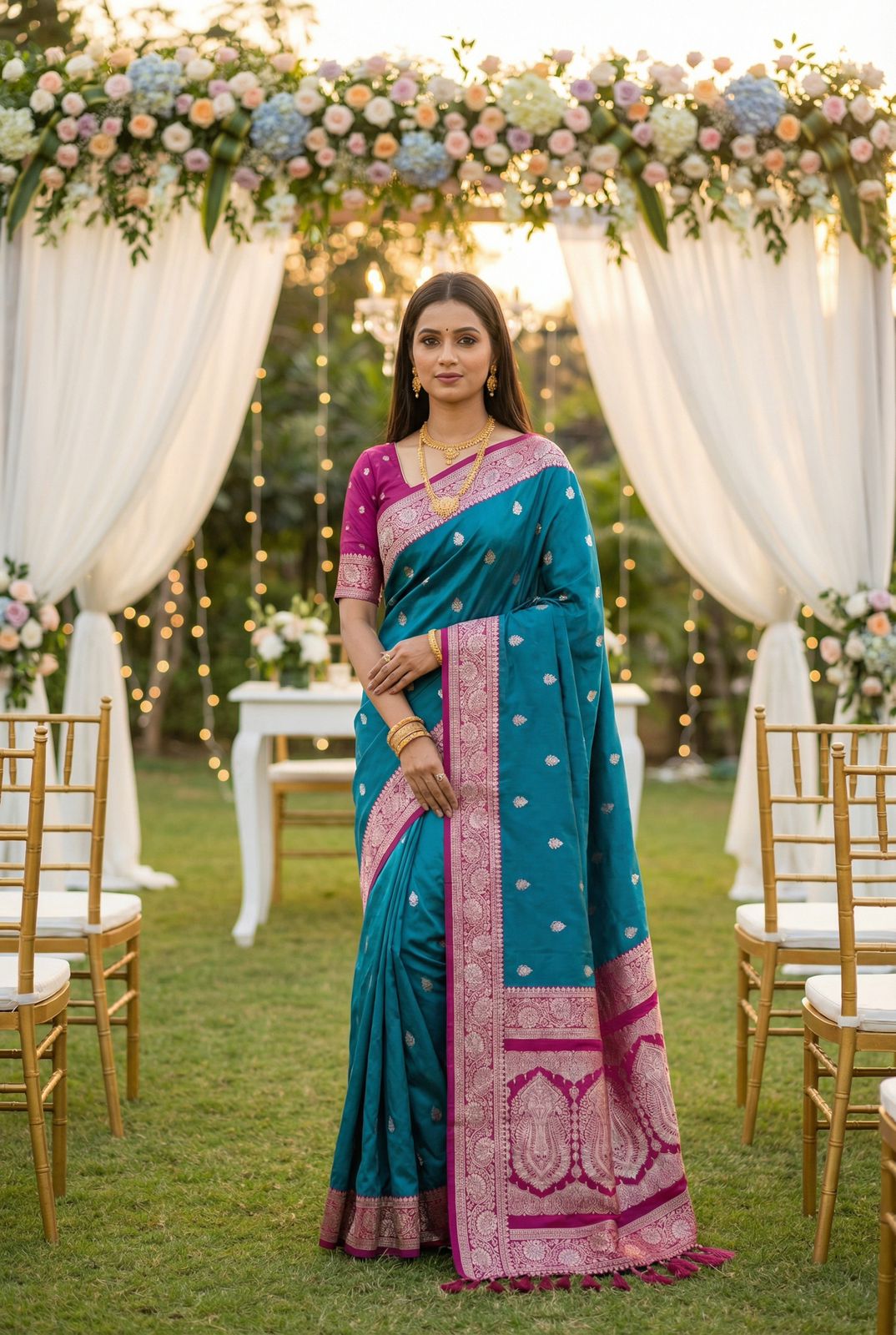 Assemblage Rama Pure Zari Weaving Banarasi Silk Saree With Panoply Blouse Piece