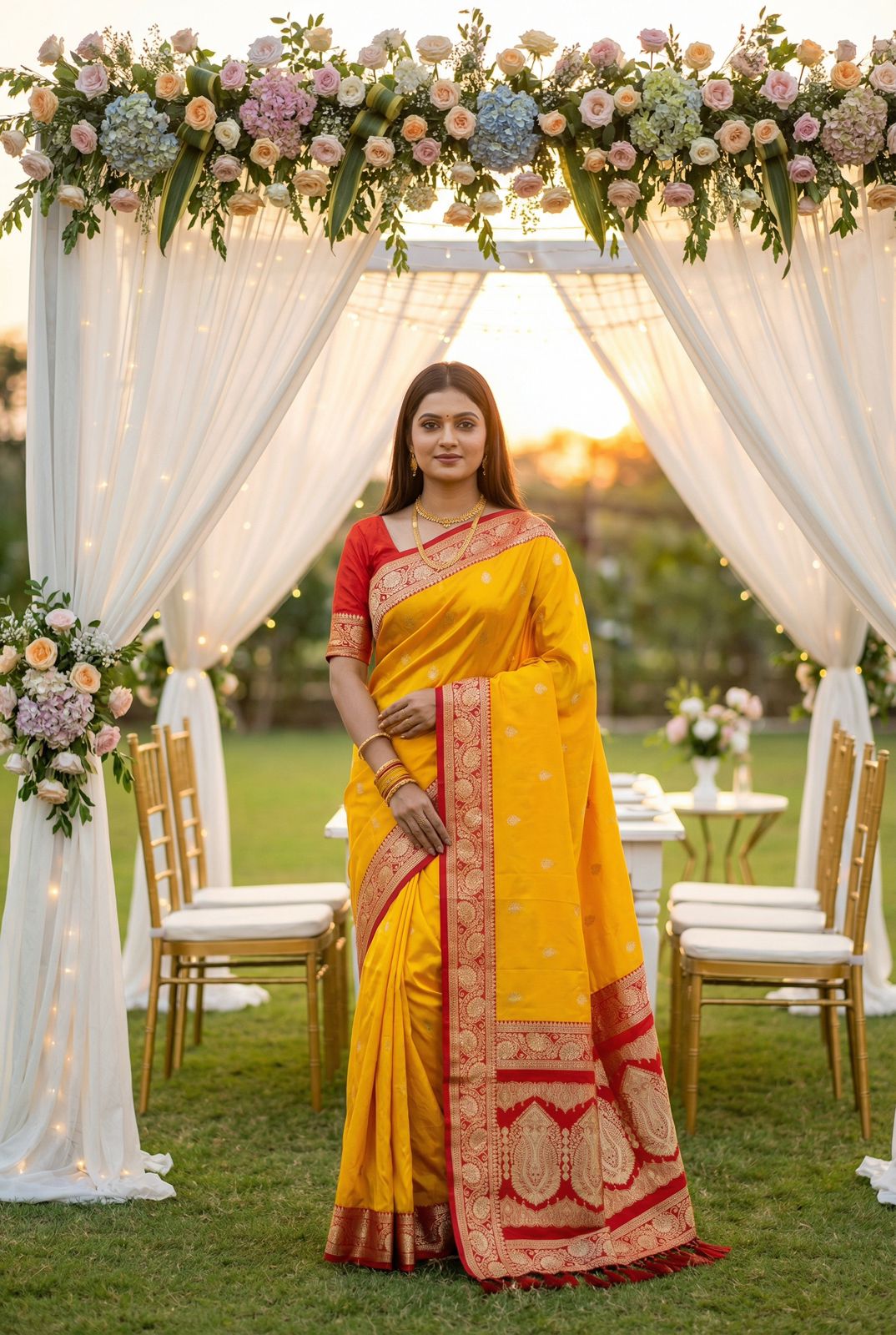 Stunner Yellow Pure Zari Weaving Banarasi Silk Saree With Pretty Blouse Piece