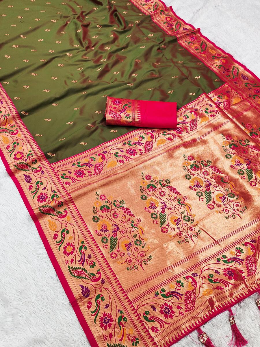 Epiphany Green Paithani Silk Saree With Enchanting Blouse Piece