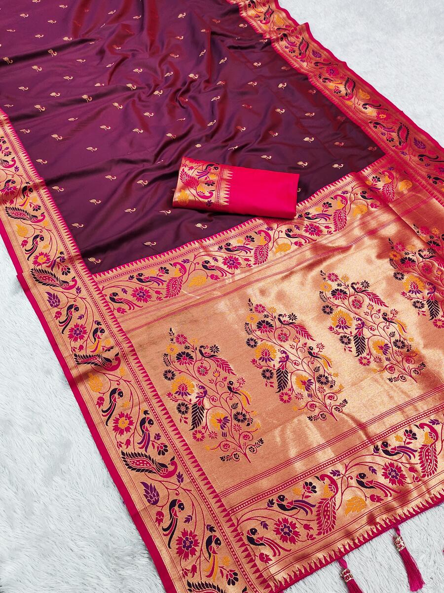 Profuse Wine Paithani Silk Saree With Evocative Blouse Piece