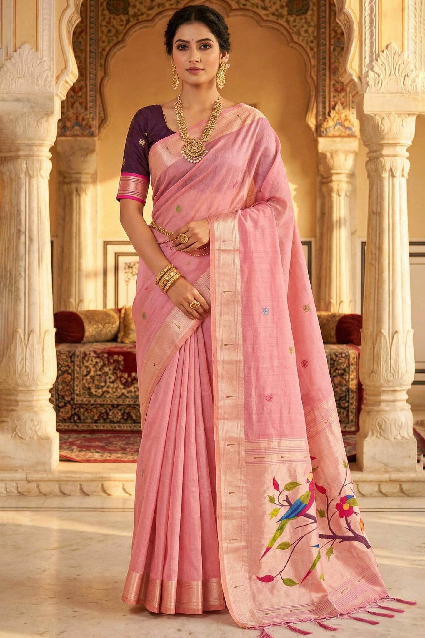 Stylish Baby Pink Munga Cotton Paithani Silk Saree With Surreptitious Blouse Piece