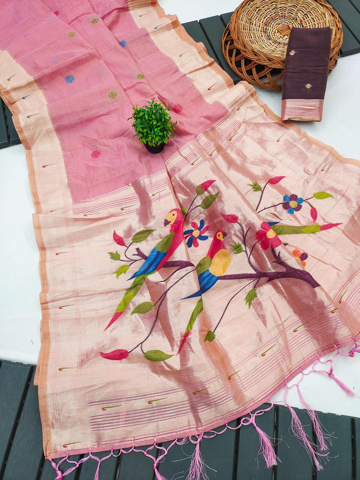 Stylish Baby Pink Munga Cotton Paithani Silk Saree With Surreptitious Blouse Piece